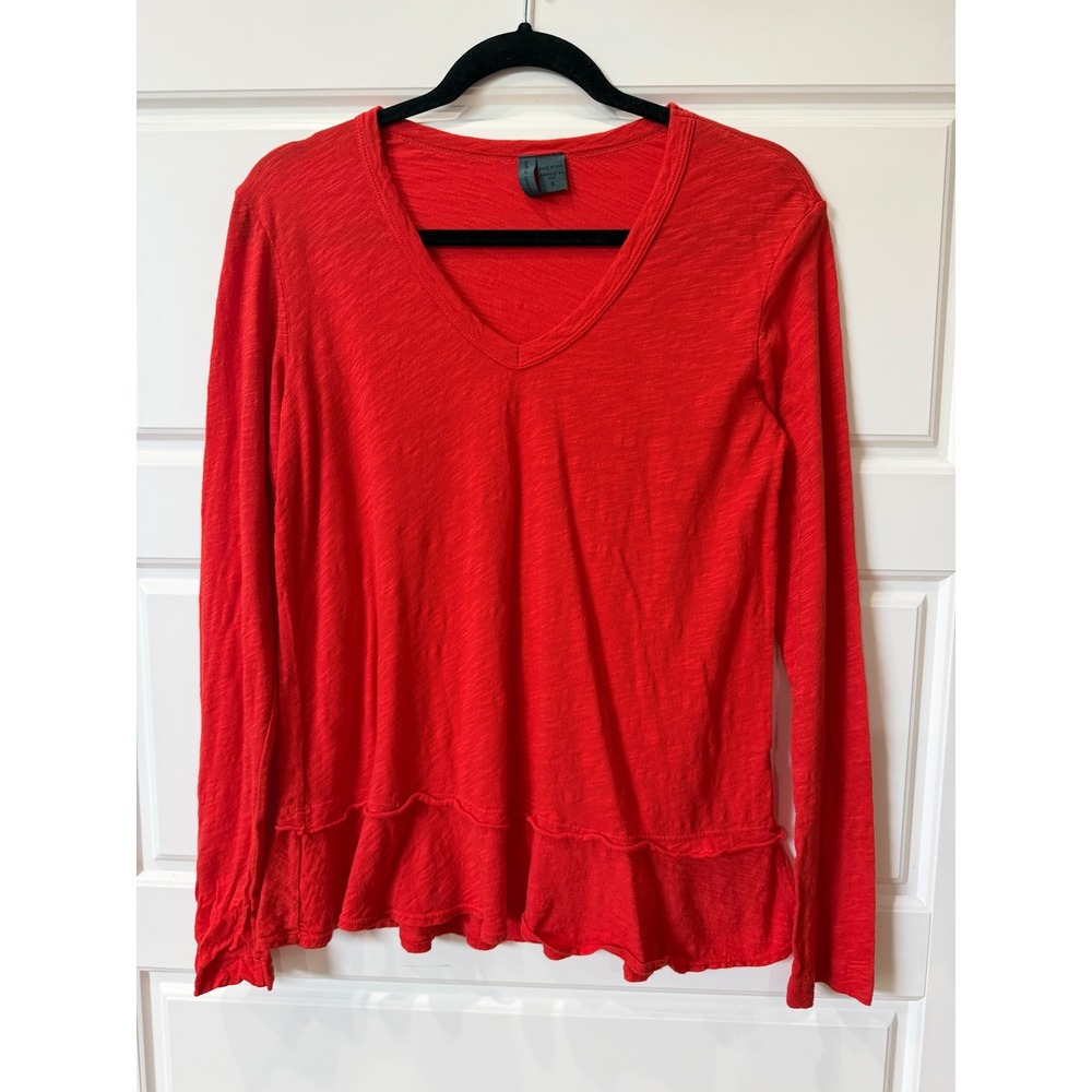 Anthropologie Left Of Center Red V-Neck Ruffle Hem Long Sleeve Top Small Cottage